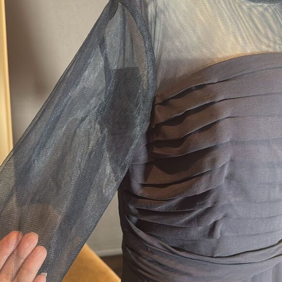 Women’s Navy Blue Pleated Chiffon Formal Dress Corset Back Sheer Sleeve Size 16W - Picture 8 of 12